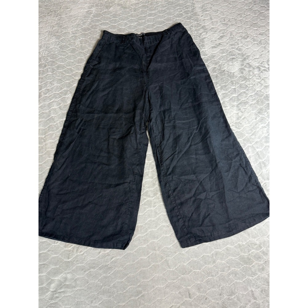 Tahari Black 100% Linen Wide Leg Pants Womens Large Y2K Flowy Trouser